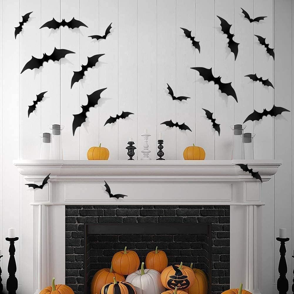 🕷️72 Pcs Halloween Bats Decorations 3D Wall Stickers 4 Sizes Black PVC Bat Window Stickers Halloween Party🧛
