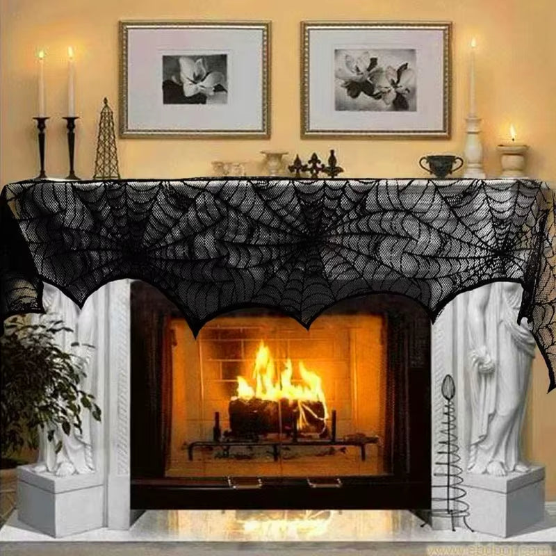 🕷️Halloween Decoration Lace Spider Web Skeleton Skull Table Cloth Black Fireplace Party Decoration🕷️
