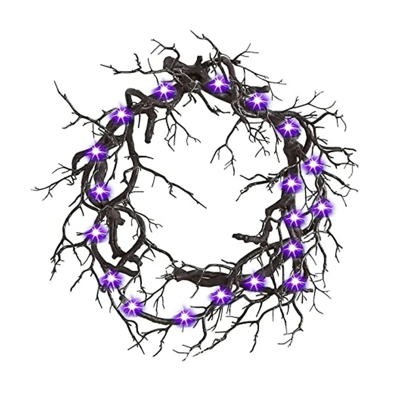 Halloween Wreath Decoration with LED Lights in Purple and Red Glitter - Scary Style for Indoor and Outdoor Home and Party Decor