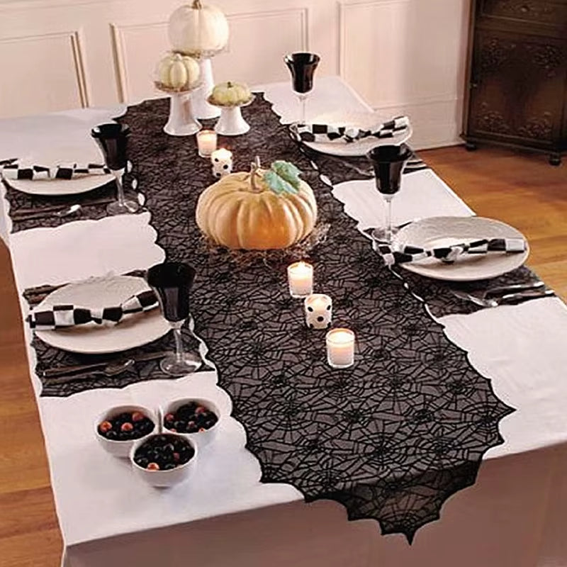 🕷️Halloween Decoration Lace Spider Web Skeleton Skull Table Cloth Black Fireplace Party Decoration🕷️