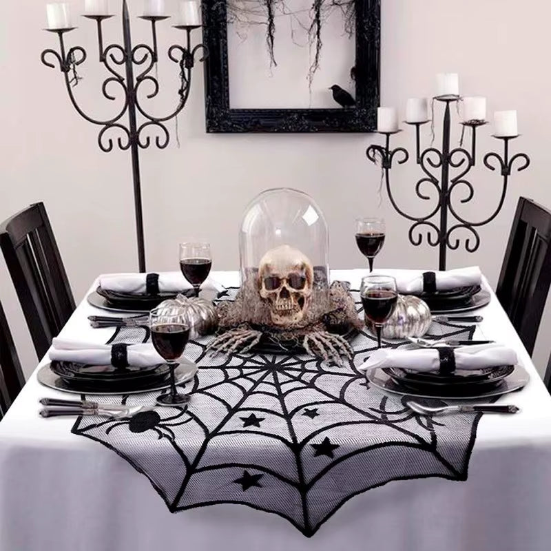 🕷️Halloween Decoration Lace Spider Web Skeleton Skull Table Cloth Black Fireplace Party Decoration🕷️