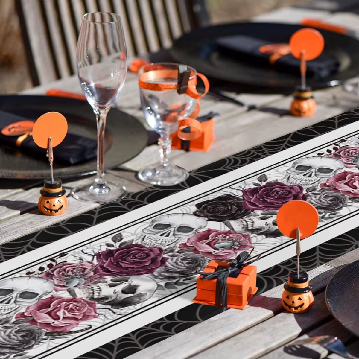 🧛Halloween Skull Red Black Rose Spider Web Linen Table Runner Party Reusable Halloween Decor🧛