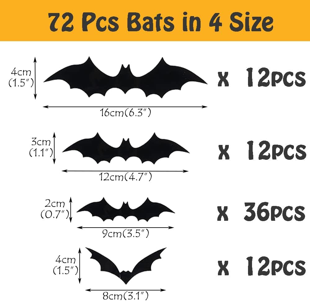 🕷️72 Pcs Halloween Bats Decorations 3D Wall Stickers 4 Sizes Black PVC Bat Window Stickers Halloween Party🧛