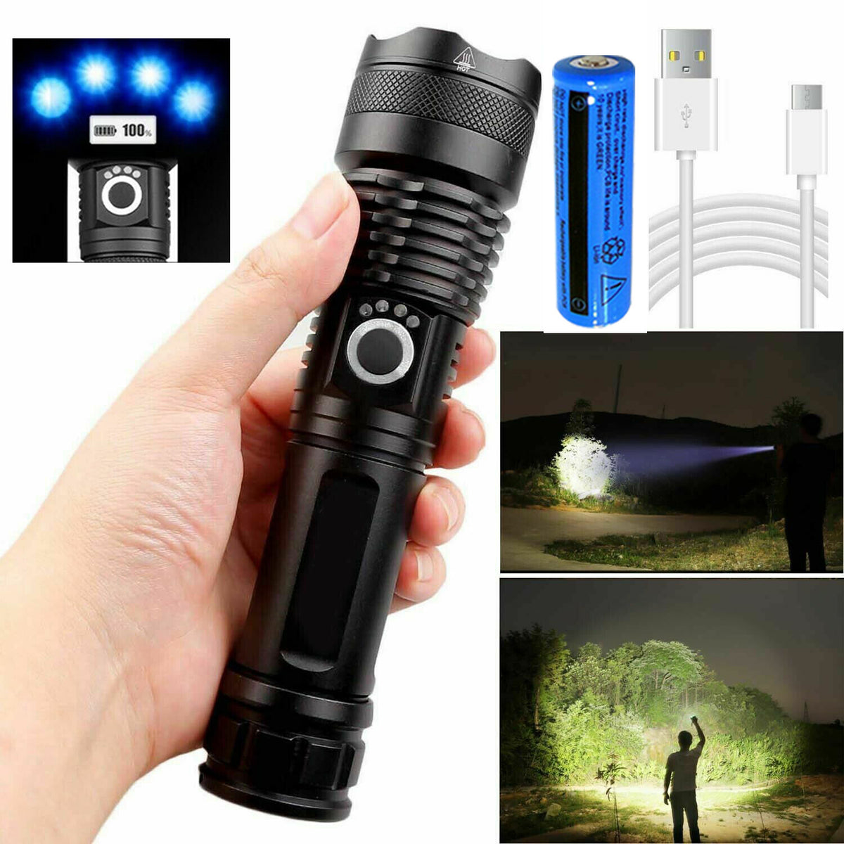 2 Pack USB Rechargeable LED Flashlight 5-Mode Outdoor Camping Hiking Flashlight Work Light
