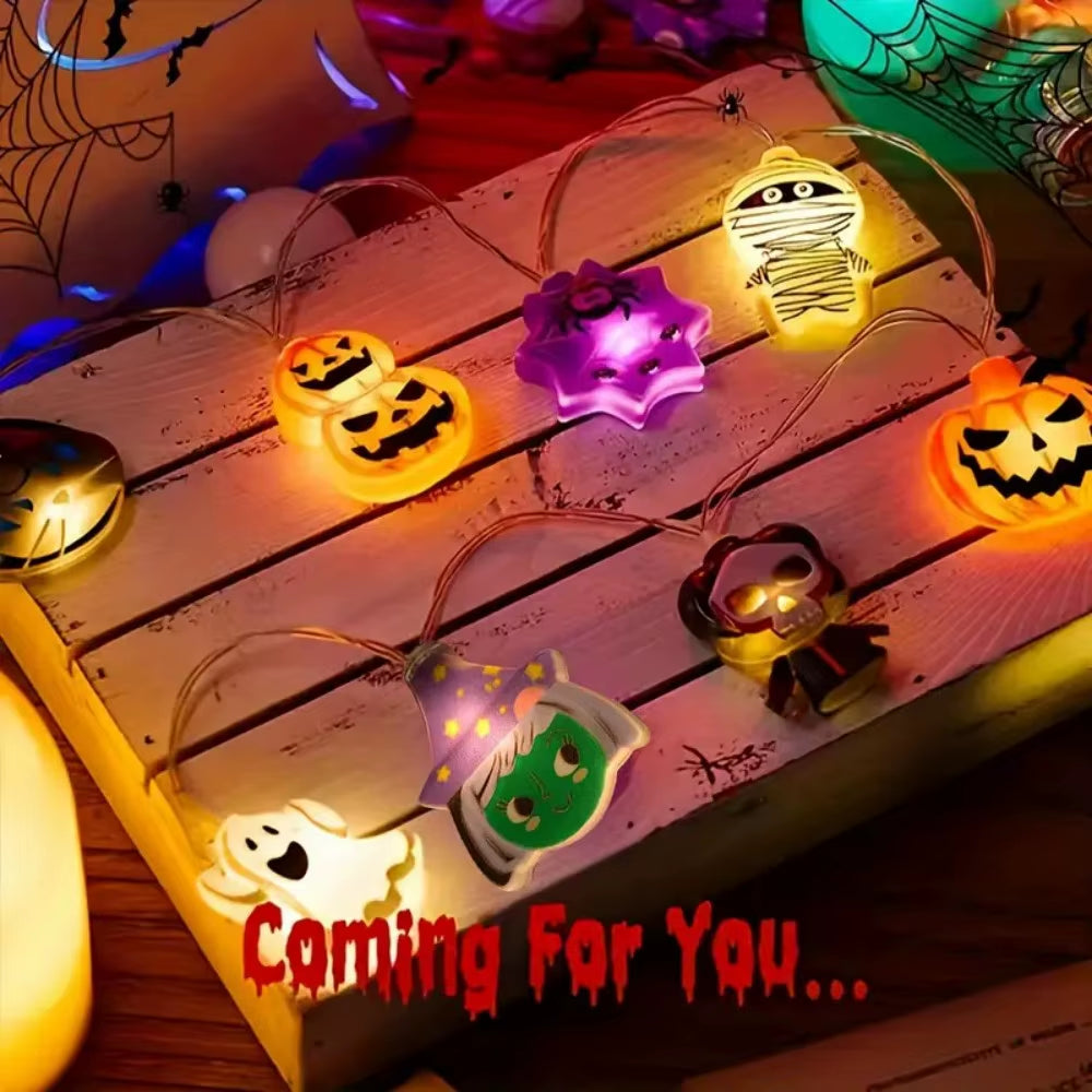 🕷️🧛1Pcs Halloween LED String Lights Ghost Witch Cat Pumpkin Spider Web Hanging Lamp Halloween Party Props🔥🕷️
