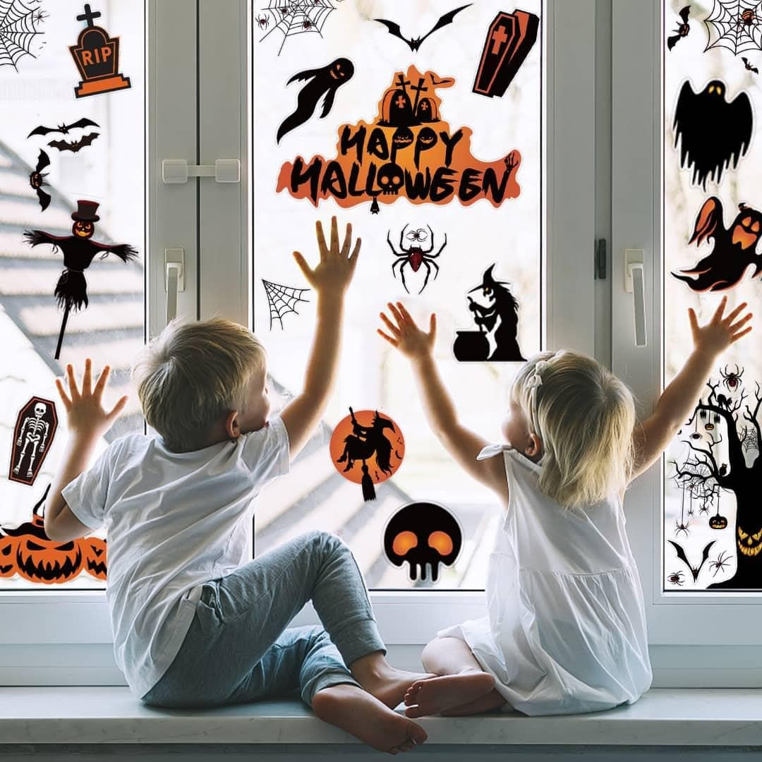 🕷️Halloween Decorations | 8 Sheet Halloween Window Stickers Clings Decals | Double Sided Reuseable Bats Spider Ghost Pumpkin Halloween Party🦇🕷️