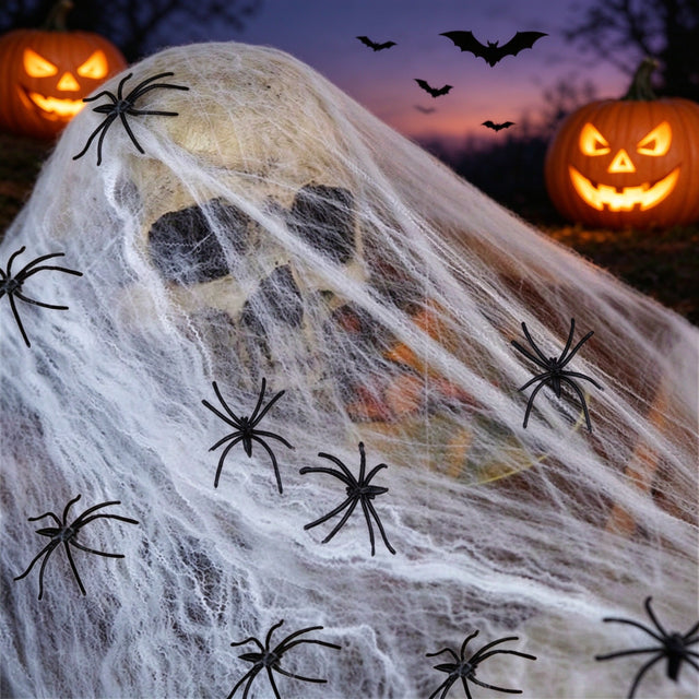 😱80g Stretchable White Spider Web + 20pcs Fake Black Spiders - Halloween Atmosphere Decor🔥