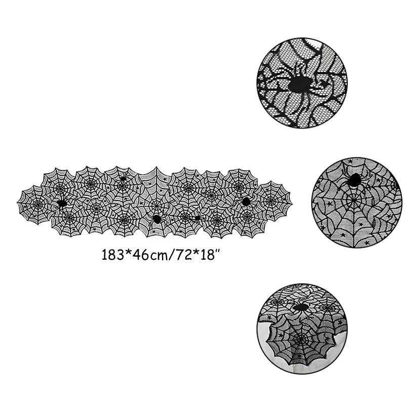 🕷️Halloween Decoration Lace Spider Web Skeleton Skull Table Cloth Black Fireplace Party Decoration🕷️