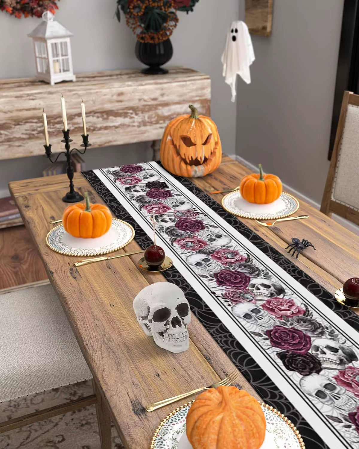 🧛Halloween Skull Red Black Rose Spider Web Linen Table Runner Party Reusable Halloween Decor🧛
