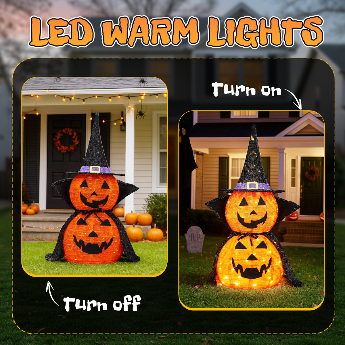 😱2Packs 3FT Halloween Collapsible Lighted Pumpkin Decoration with Stand 176 LED🔥