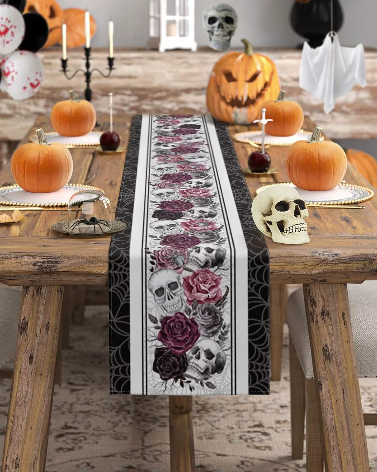 🧛Halloween Skull Red Black Rose Spider Web Linen Table Runner Party Reusable Halloween Decor🧛