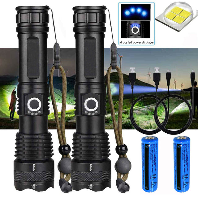 2 Pack USB Rechargeable LED Flashlight 5-Mode Outdoor Camping Hiking Flashlight Work Light