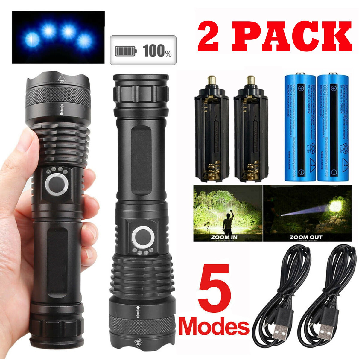 2 Pack USB Rechargeable LED Flashlight 5-Mode Outdoor Camping Hiking Flashlight Work Light
