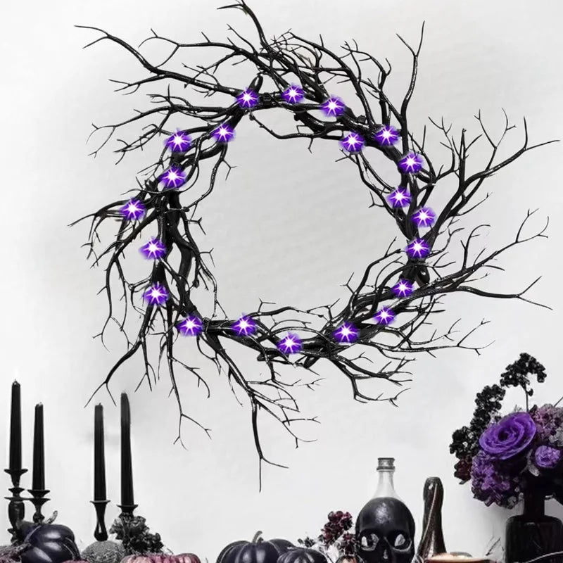 Halloween Wreath Decoration with LED Lights in Purple and Red Glitter - Scary Style for Indoor and Outdoor Home and Party Decor