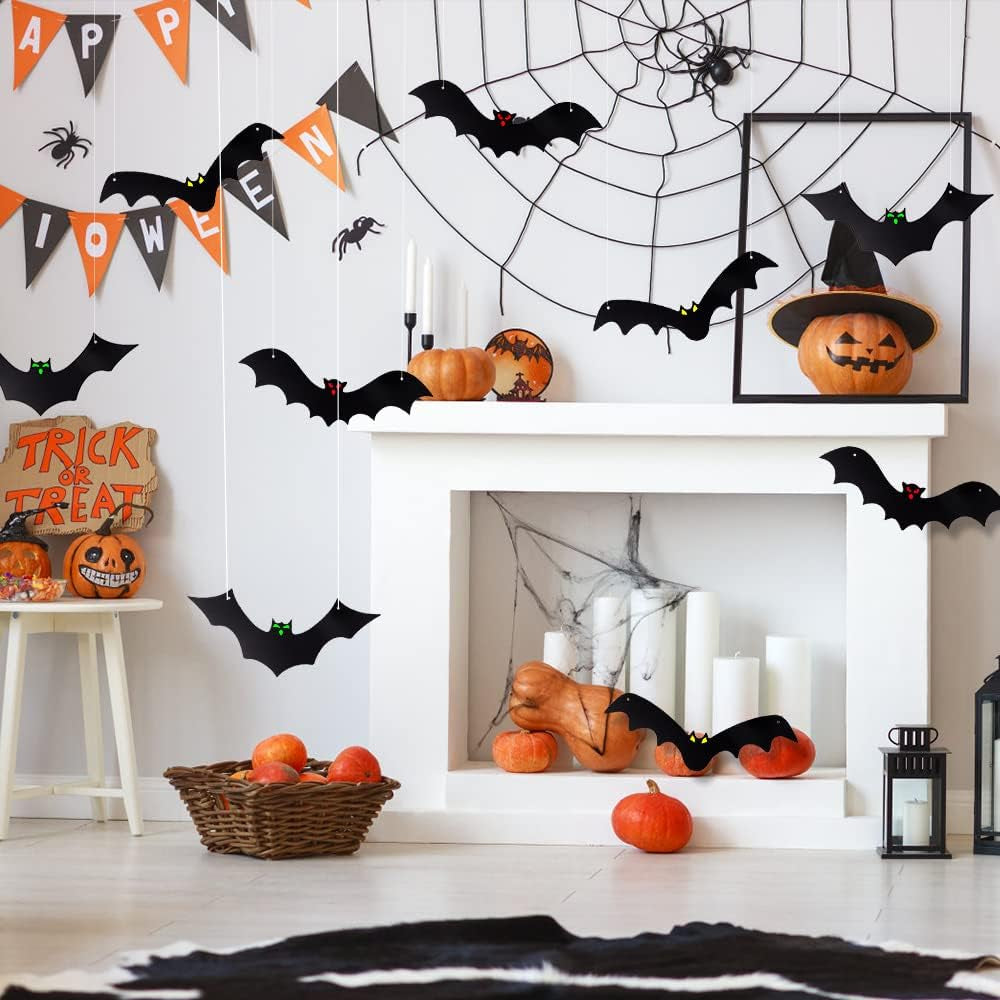 🦇12PCS Halloween Hanging Bats Flying Glowing Eyes Bat Outdoor Decor🦇