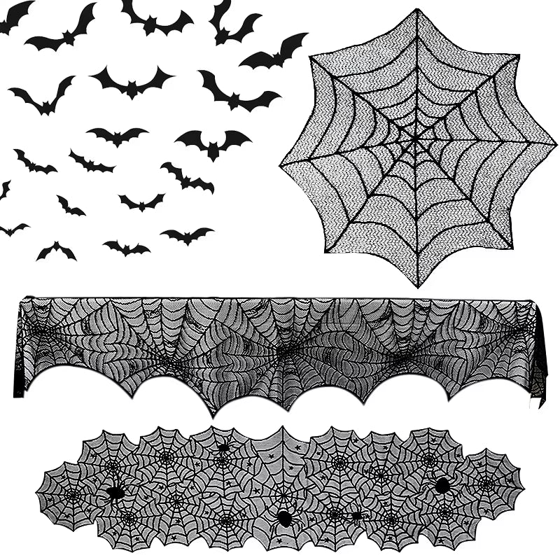 🕷️Halloween Decoration Lace Spider Web Skeleton Skull Table Cloth Black Fireplace Party Decoration🕷️
