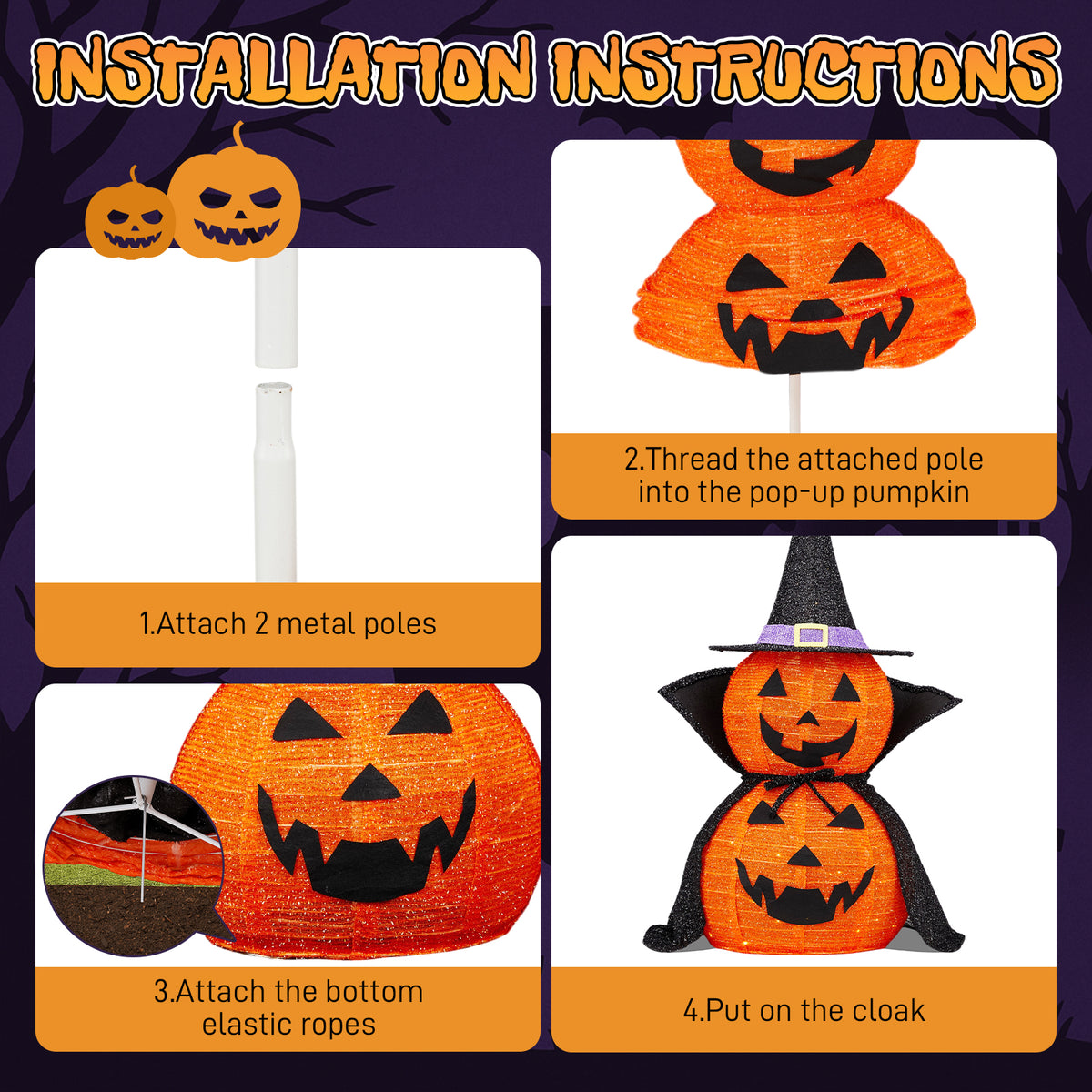😱2Packs 3FT Halloween Collapsible Lighted Pumpkin Decoration with Stand 176 LED🔥