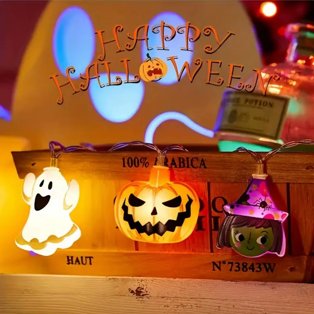 🕷️🧛1Pcs Halloween LED String Lights Ghost Witch Cat Pumpkin Spider Web Hanging Lamp Halloween Party Props🔥🕷️