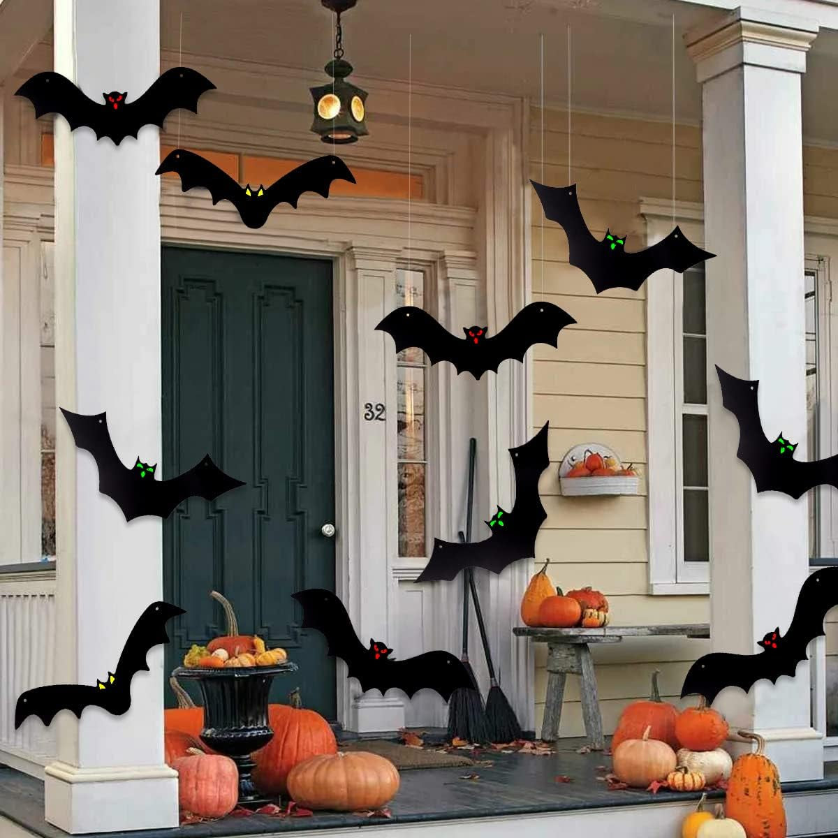 🦇12PCS Halloween Hanging Bats Flying Glowing Eyes Bat Outdoor Decor🦇