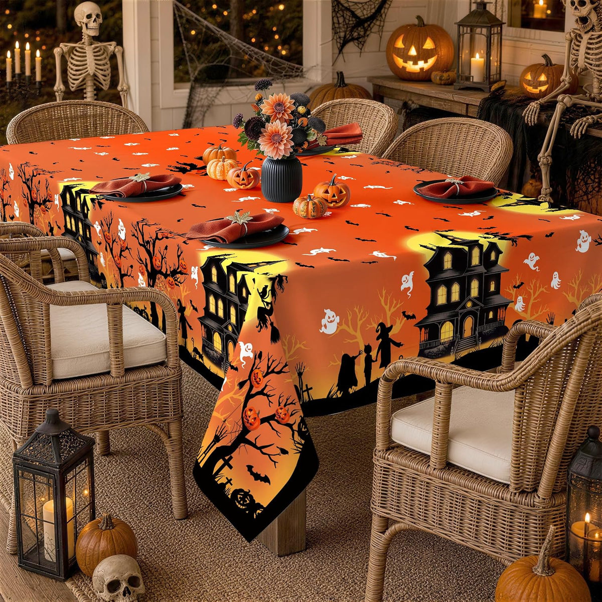 🕷️Halloween Witch Orange Tablecloth Waterproof Bats Black Table Cloth Washable Table Cover for Halloween Party🧛