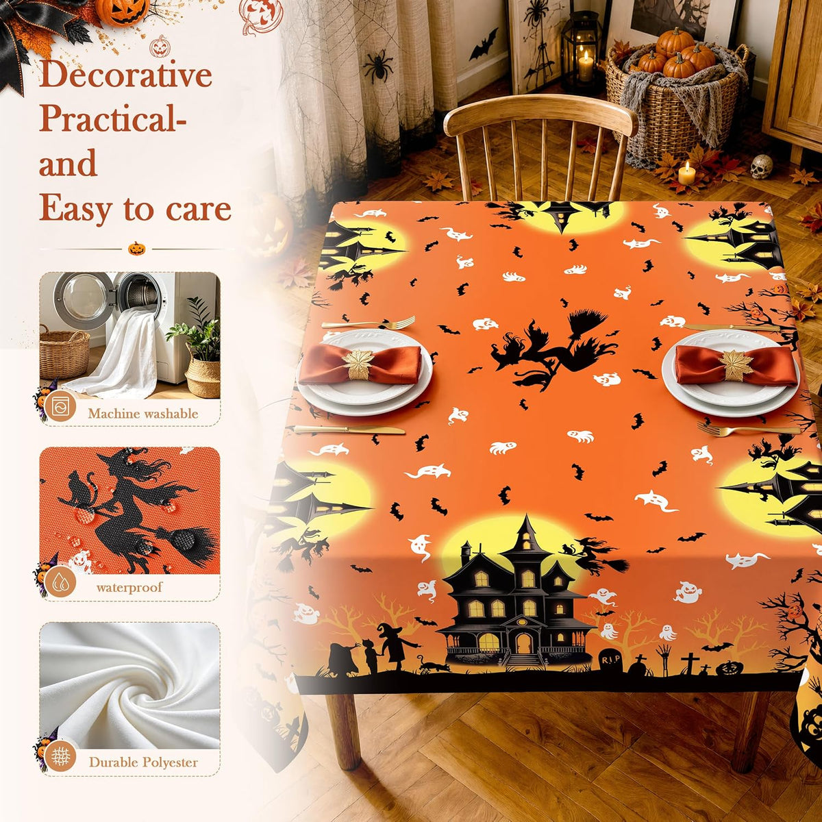 🕷️Halloween Witch Orange Tablecloth Waterproof Bats Black Table Cloth Washable Table Cover for Halloween Party🧛