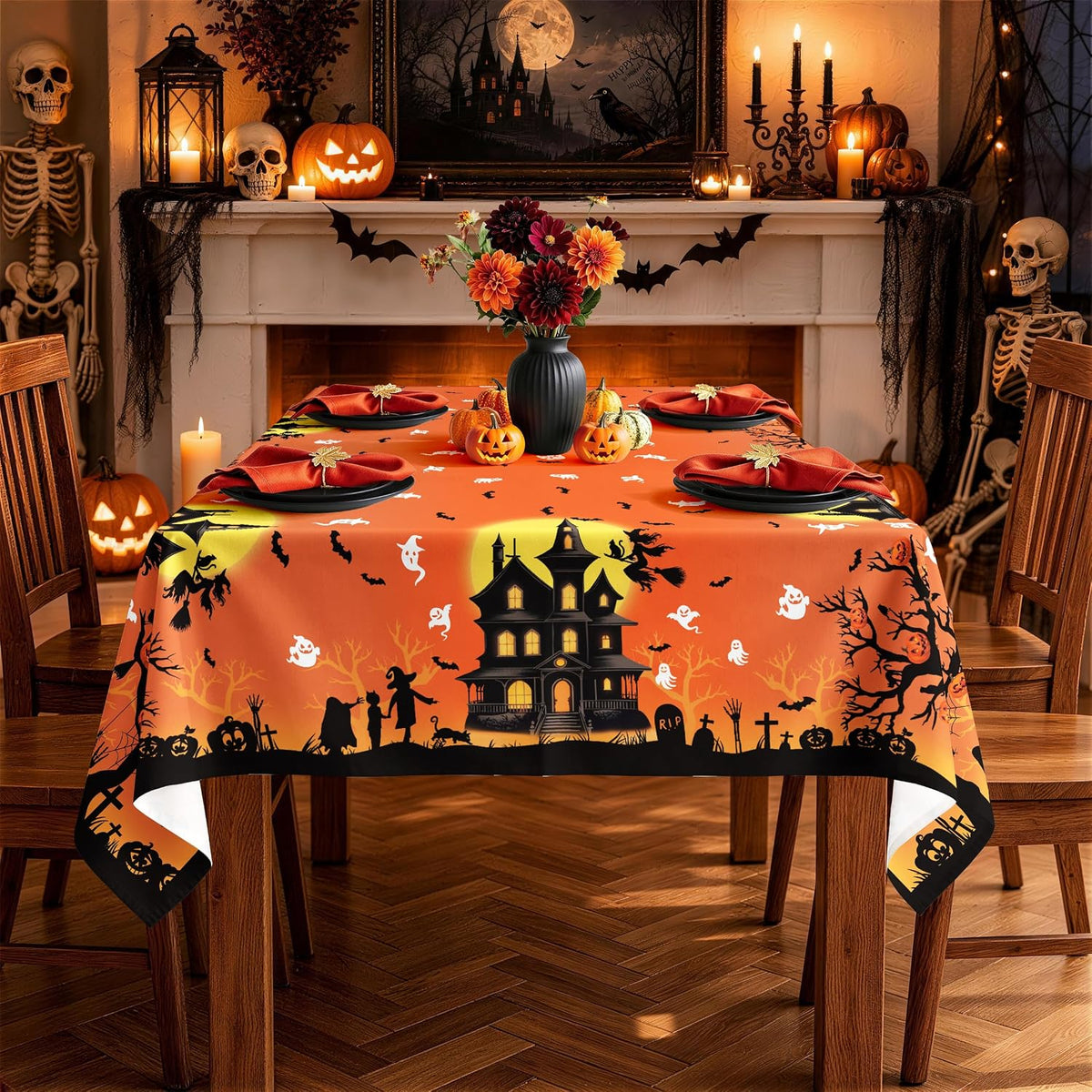 🕷️Halloween Witch Orange Tablecloth Waterproof Bats Black Table Cloth Washable Table Cover for Halloween Party🧛