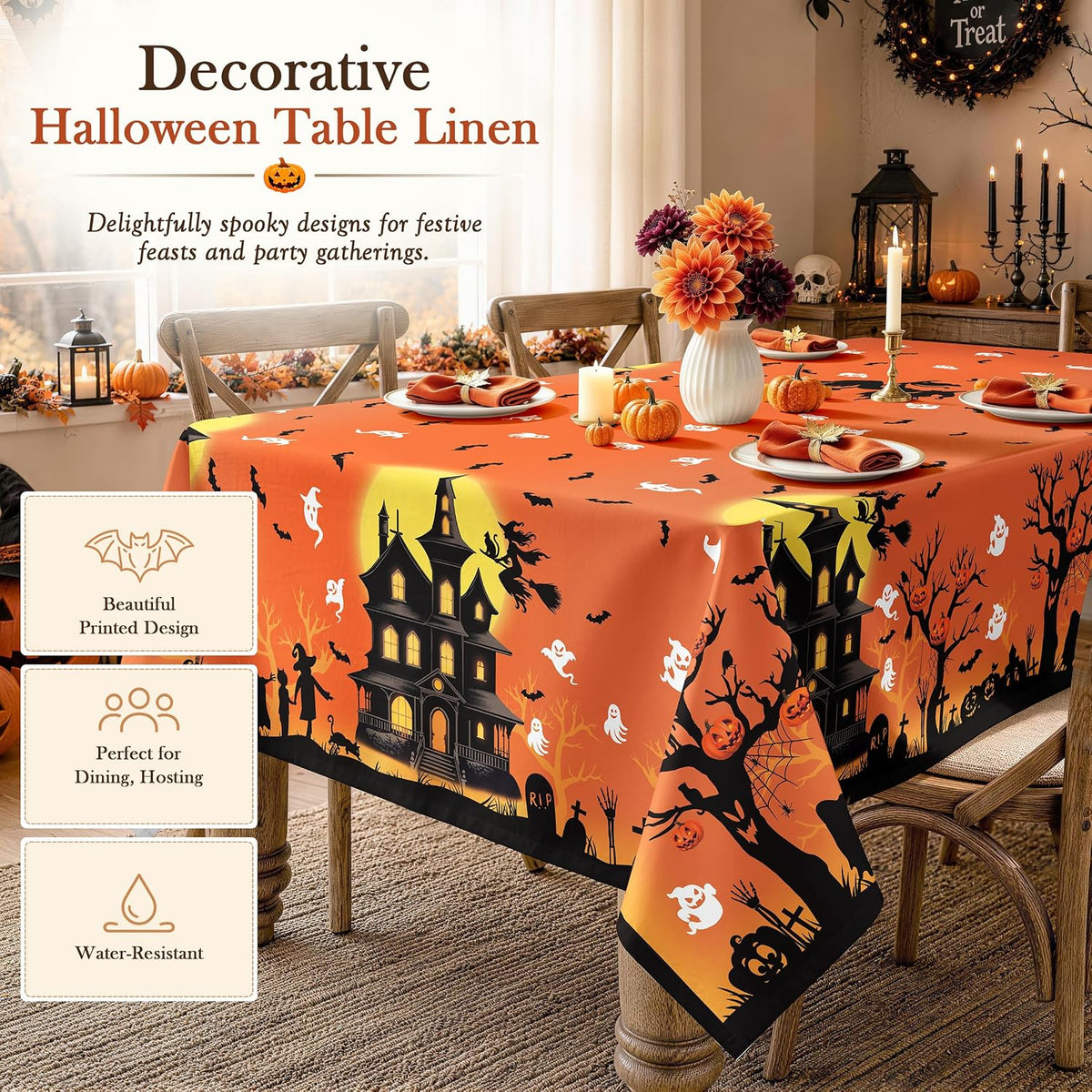 🕷️Halloween Witch Orange Tablecloth Waterproof Bats Black Table Cloth Washable Table Cover for Halloween Party🧛