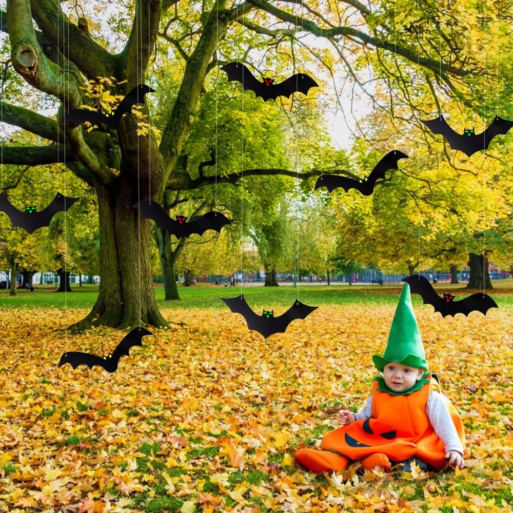 🦇12PCS Halloween Hanging Bats Flying Glowing Eyes Bat Outdoor Decor🦇