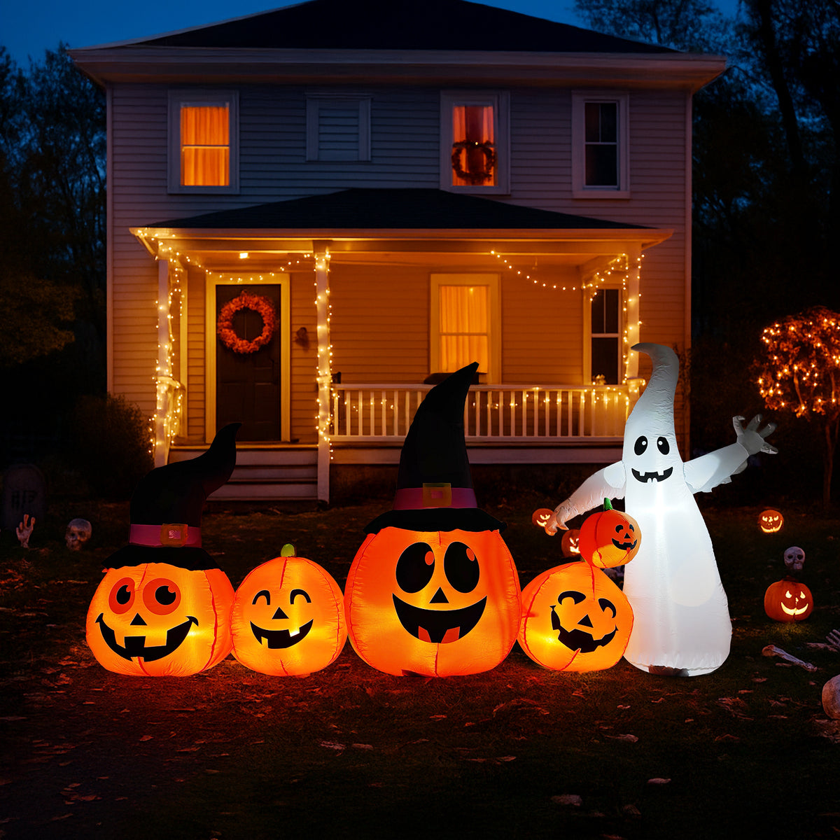 😱8FT Long Halloween Inflatables Pumpkins Ghost Outdoor Decorations LED Lighted🔥