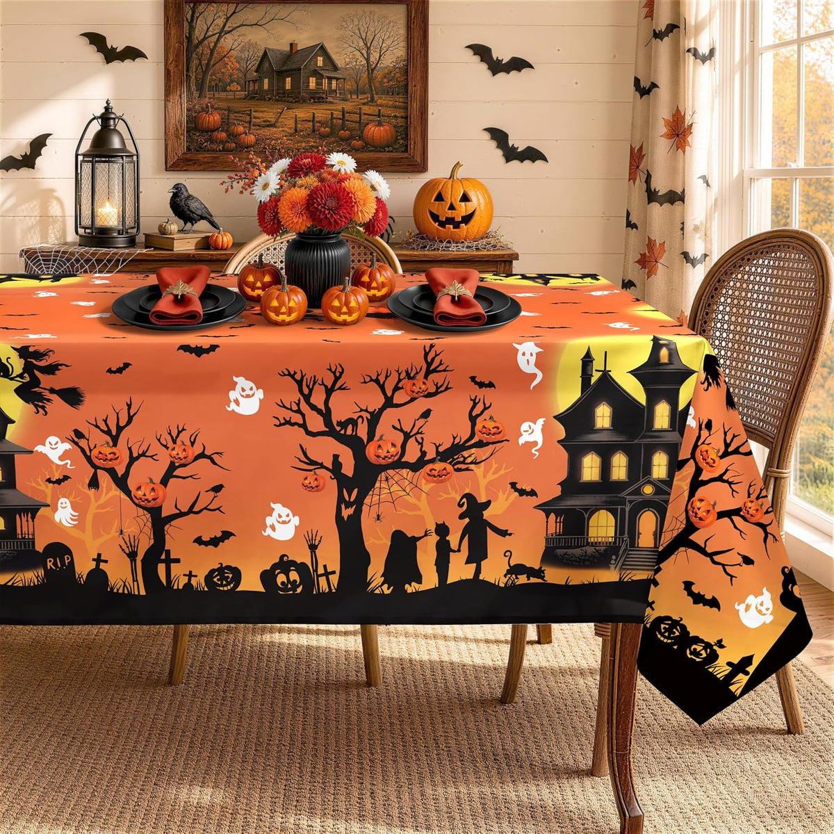 🕷️Halloween Witch Orange Tablecloth Waterproof Bats Black Table Cloth Washable Table Cover for Halloween Party🧛