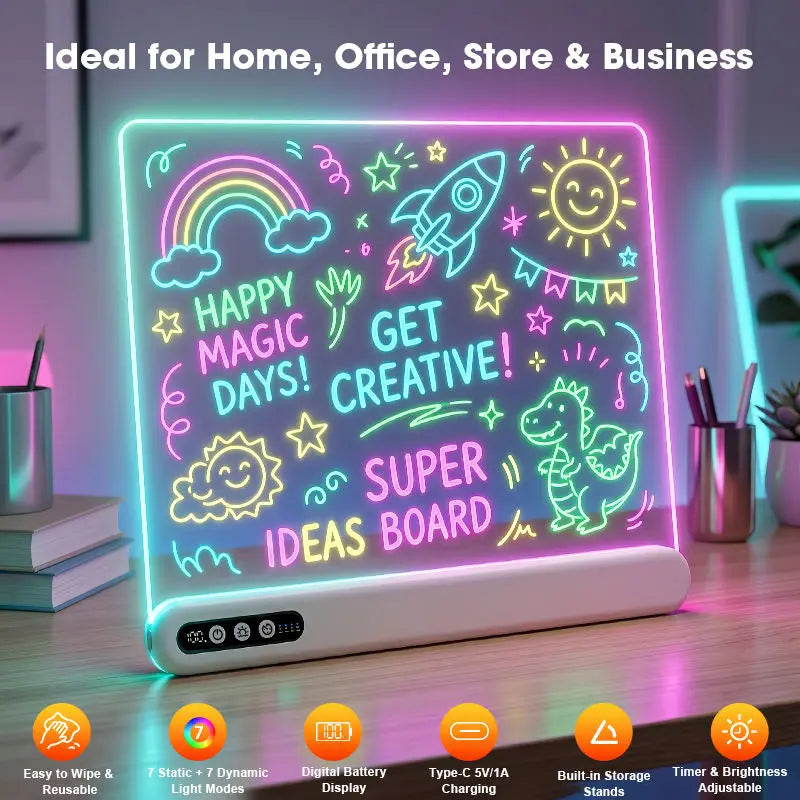 Rechargeable LED Drawing Board for Kids - Light-Up Acrylic Neon Art with Timer and Integrated Stand