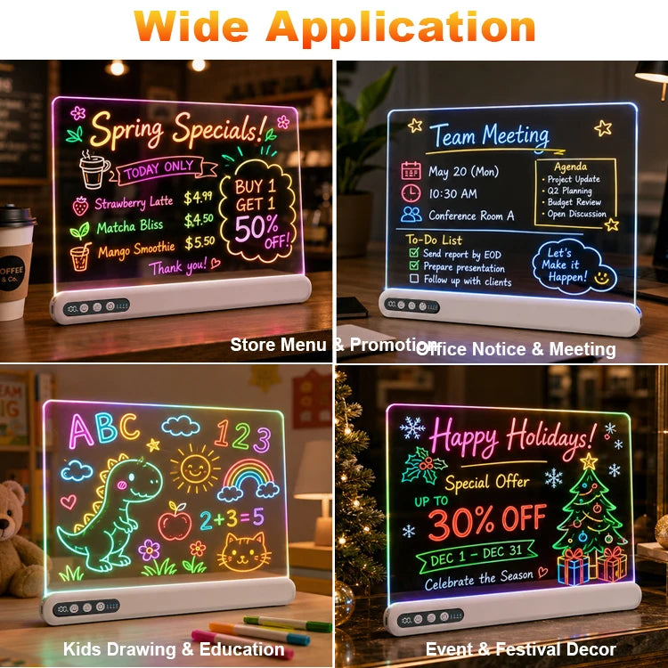 Rechargeable LED Drawing Board for Kids - Light-Up Acrylic Neon Art with Timer and Integrated Stand