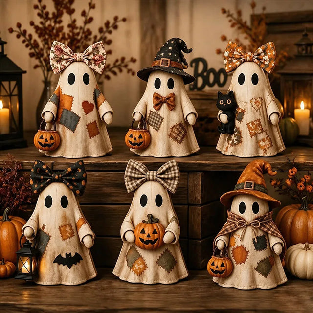 👻🕷️Vintage Distressed Wooden Patchwork Ghost Desktop Ornament Halloween Witch🔥