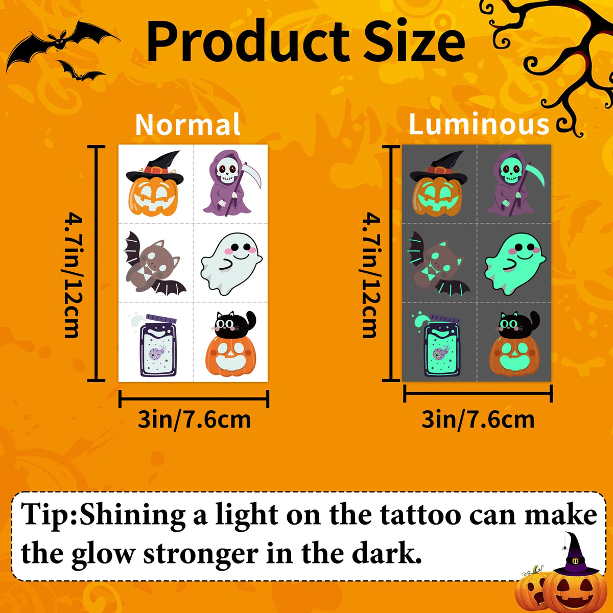 🔥Glow-in-the-Dark Halloween Temporary Tattoos 36 sheets😍