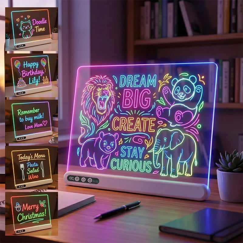 Rechargeable LED Drawing Board for Kids - Light-Up Acrylic Neon Art with Timer and Integrated Stand