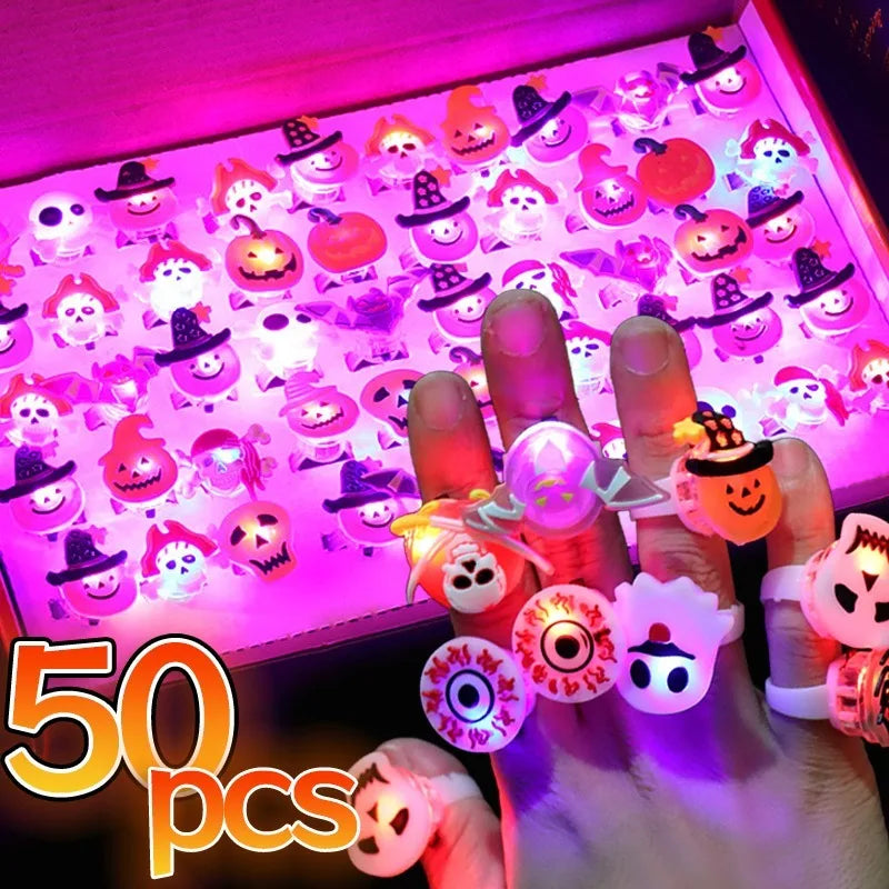 🔥10/50Pcs Halloween Luminous Rings Creative Pumpkin Ghost Skull LED for Kids😍