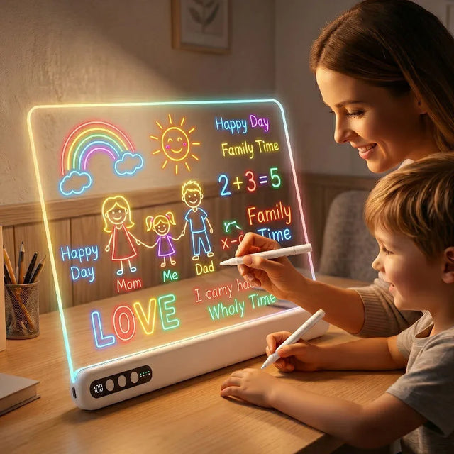 Rechargeable LED Drawing Board for Kids - Light-Up Acrylic Neon Art with Timer and Integrated Stand