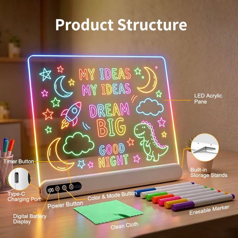 Rechargeable LED Drawing Board for Kids - Light-Up Acrylic Neon Art with Timer and Integrated Stand