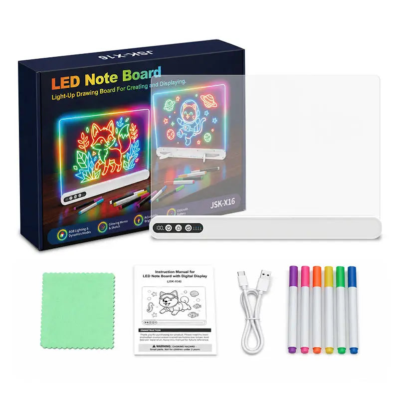 Rechargeable LED Drawing Board for Kids - Light-Up Acrylic Neon Art with Timer and Integrated Stand