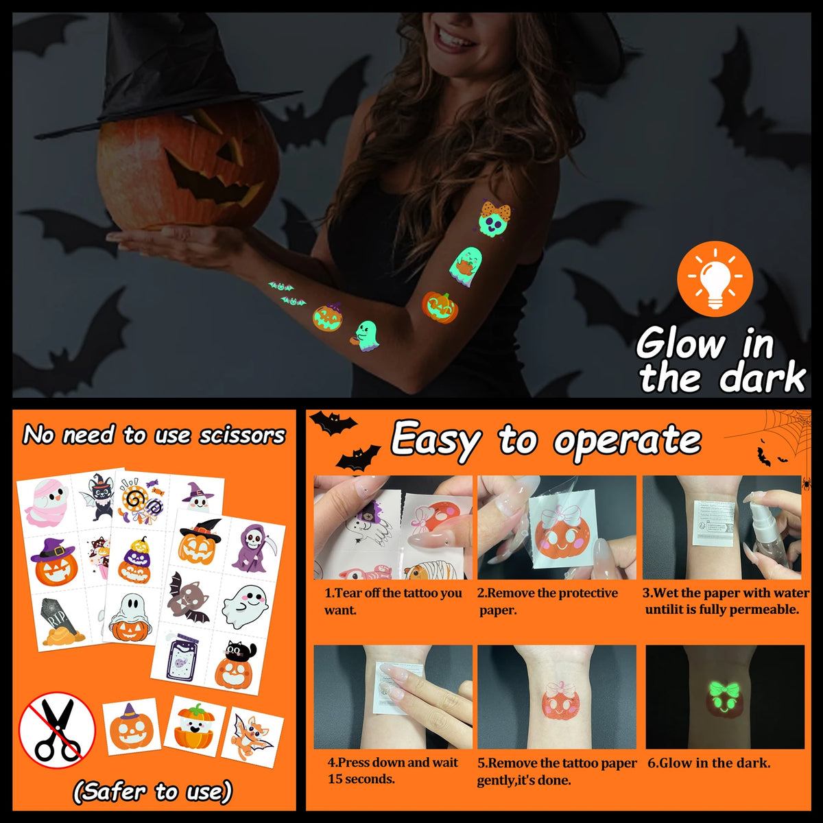 🔥Glow-in-the-Dark Halloween Temporary Tattoos 36 sheets😍