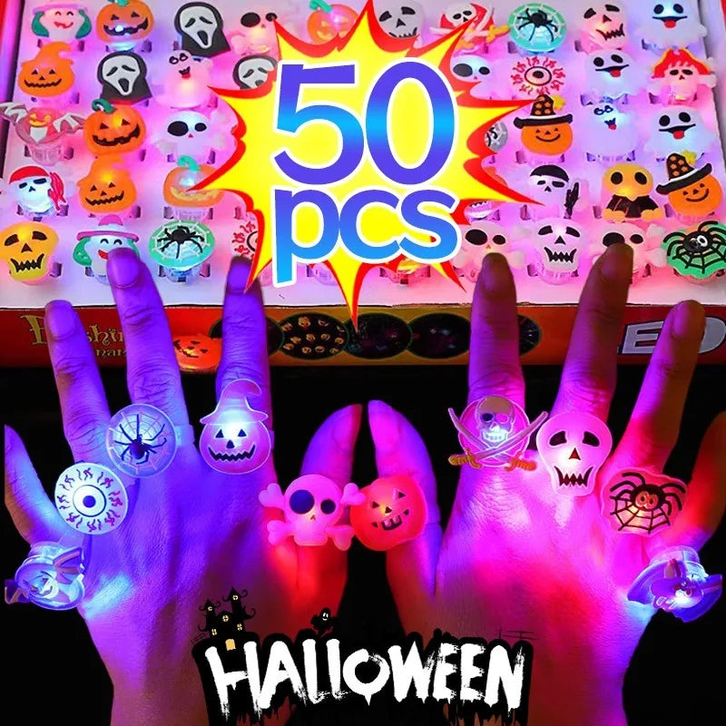 🔥10/50Pcs Halloween Luminous Rings Creative Pumpkin Ghost Skull LED for Kids😍
