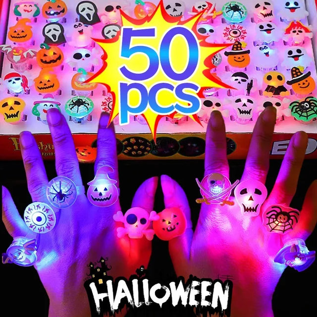 🔥10/50Pcs Halloween Luminous Rings Creative Pumpkin Ghost Skull LED for Kids😍