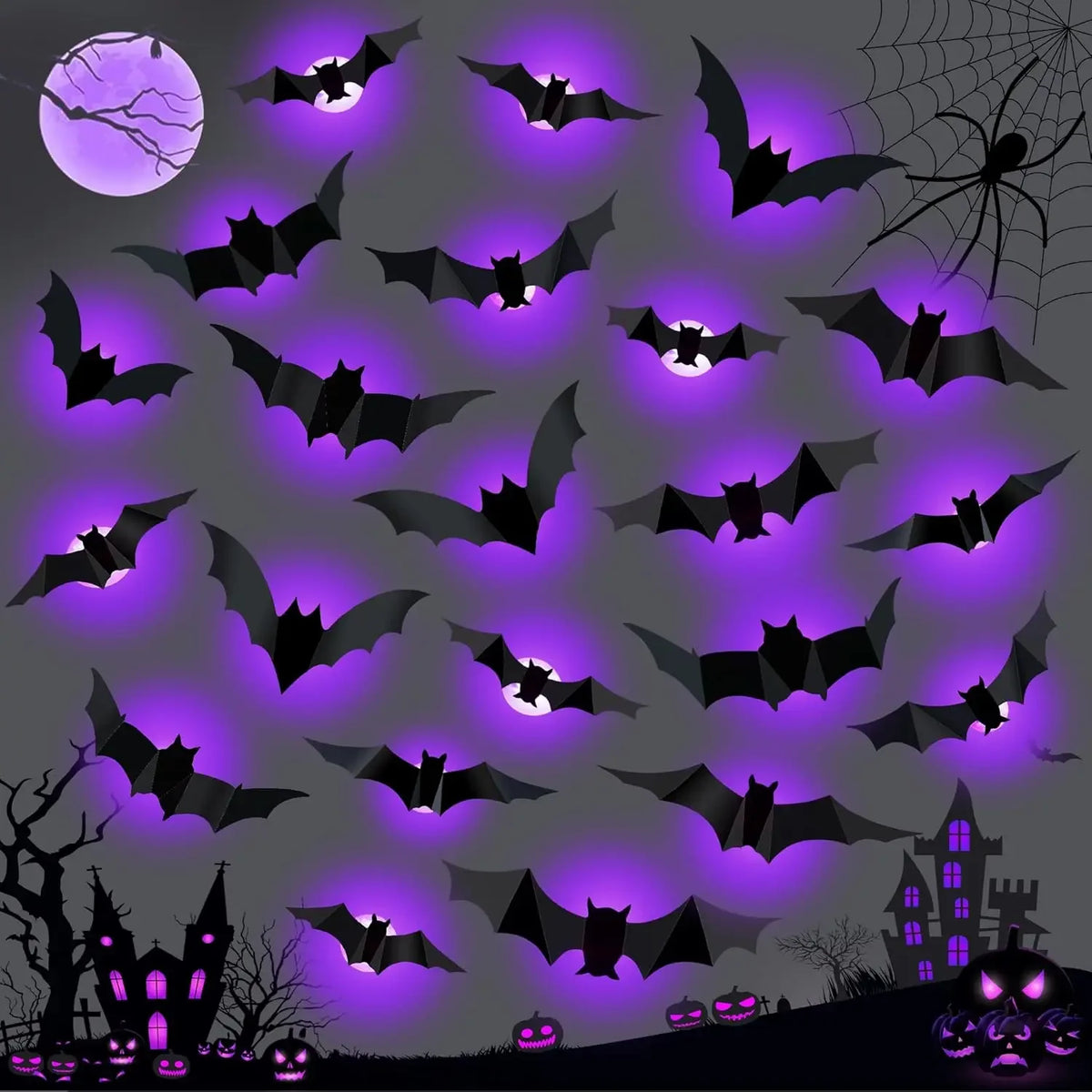 😱12pc Halloween Bat/Spider Decor Night Light 3D Wall Stick Decor😱