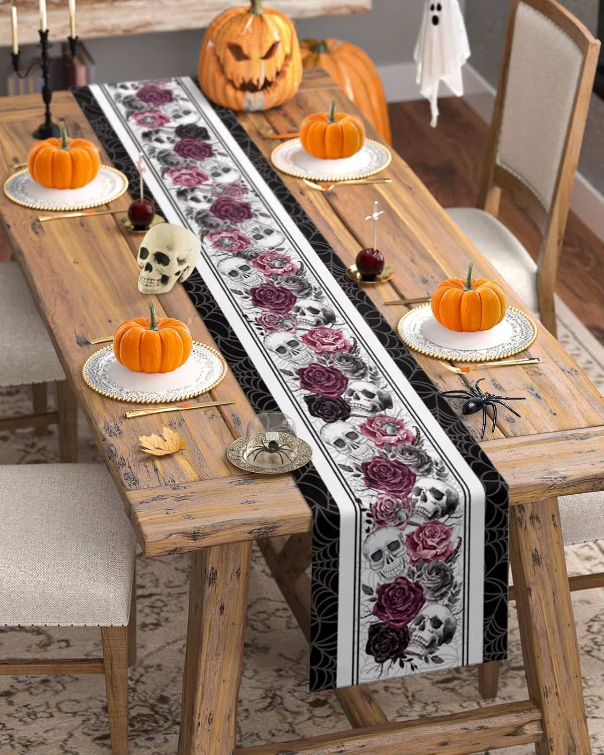 🧛Halloween Skull Red Black Rose Spider Web Linen Table Runner Party Reusable Halloween Decor🧛