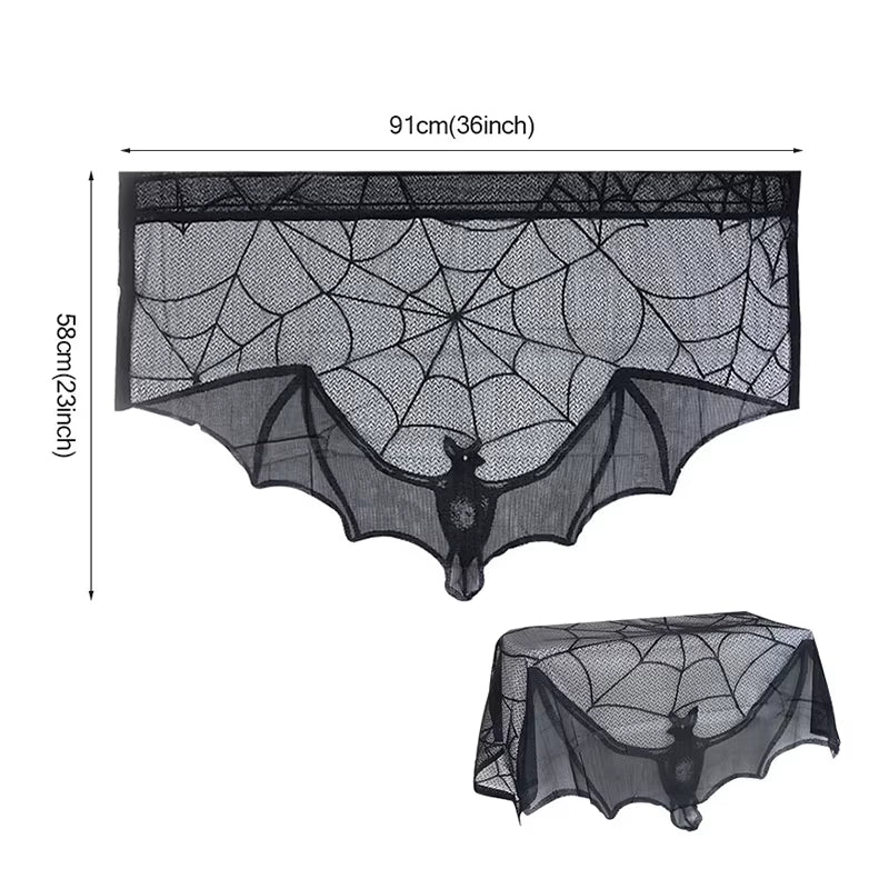 🕷️Halloween Decoration Lace Spider Web Skeleton Skull Table Cloth Black Fireplace Party Decoration🕷️