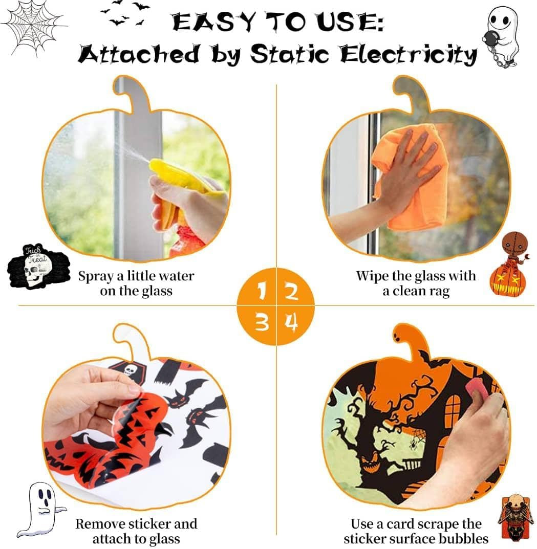 🕷️Halloween Decorations | 8 Sheet Halloween Window Stickers Clings Decals | Double Sided Reuseable Bats Spider Ghost Pumpkin Halloween Party🦇🕷️