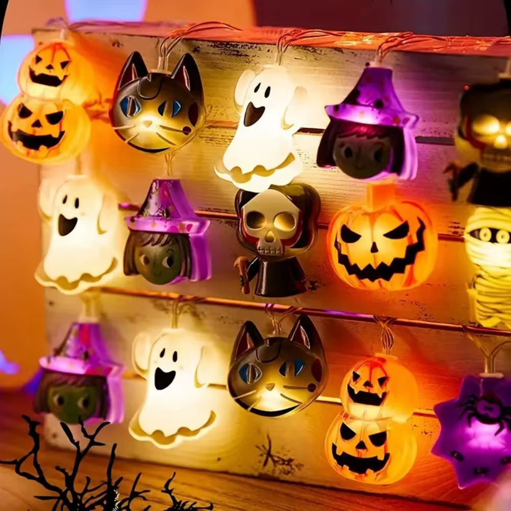 🕷️🧛1Pcs Halloween LED String Lights Ghost Witch Cat Pumpkin Spider Web Hanging Lamp Halloween Party Props🔥🕷️