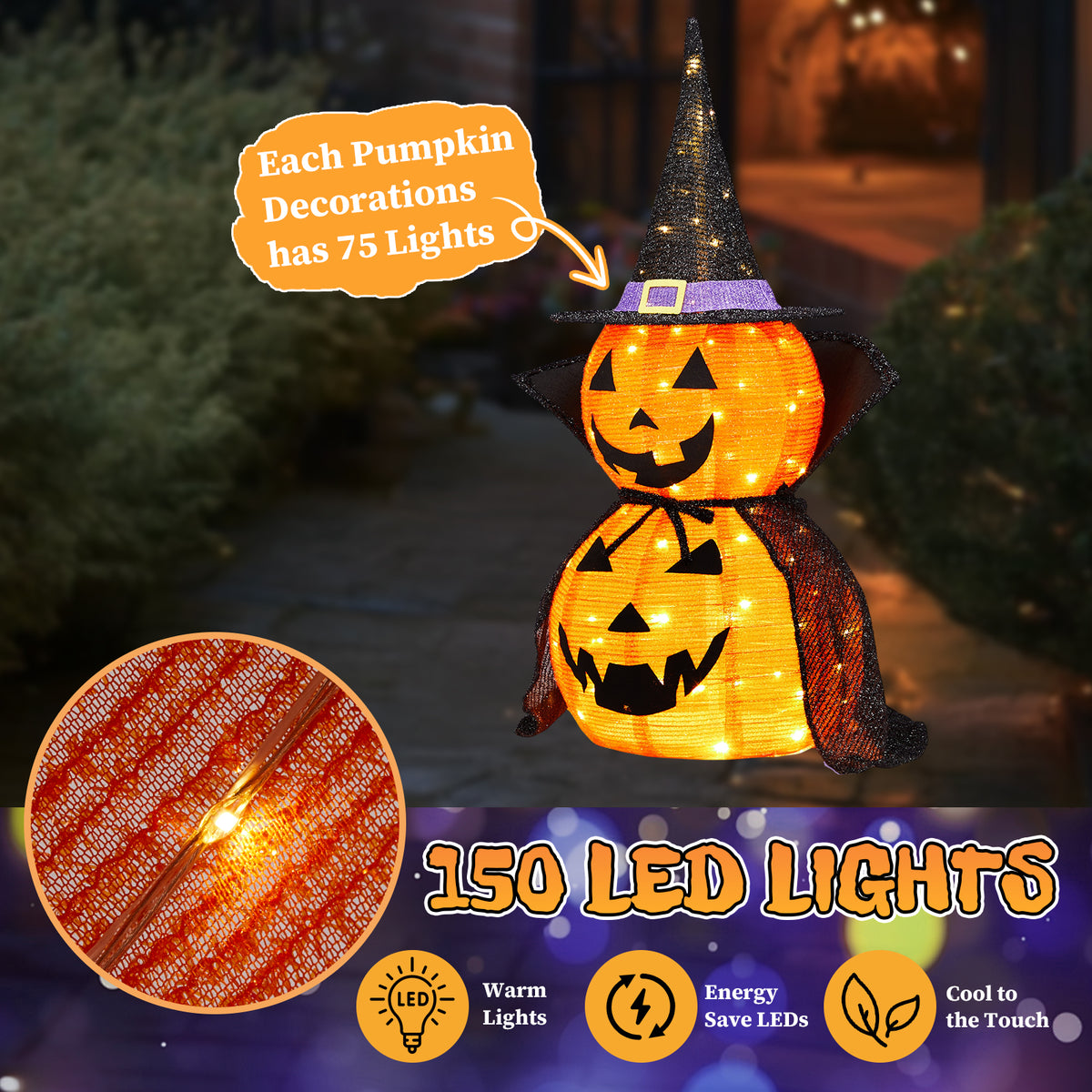 😱2Packs 3FT Halloween Collapsible Lighted Pumpkin Decoration with Stand 176 LED🔥