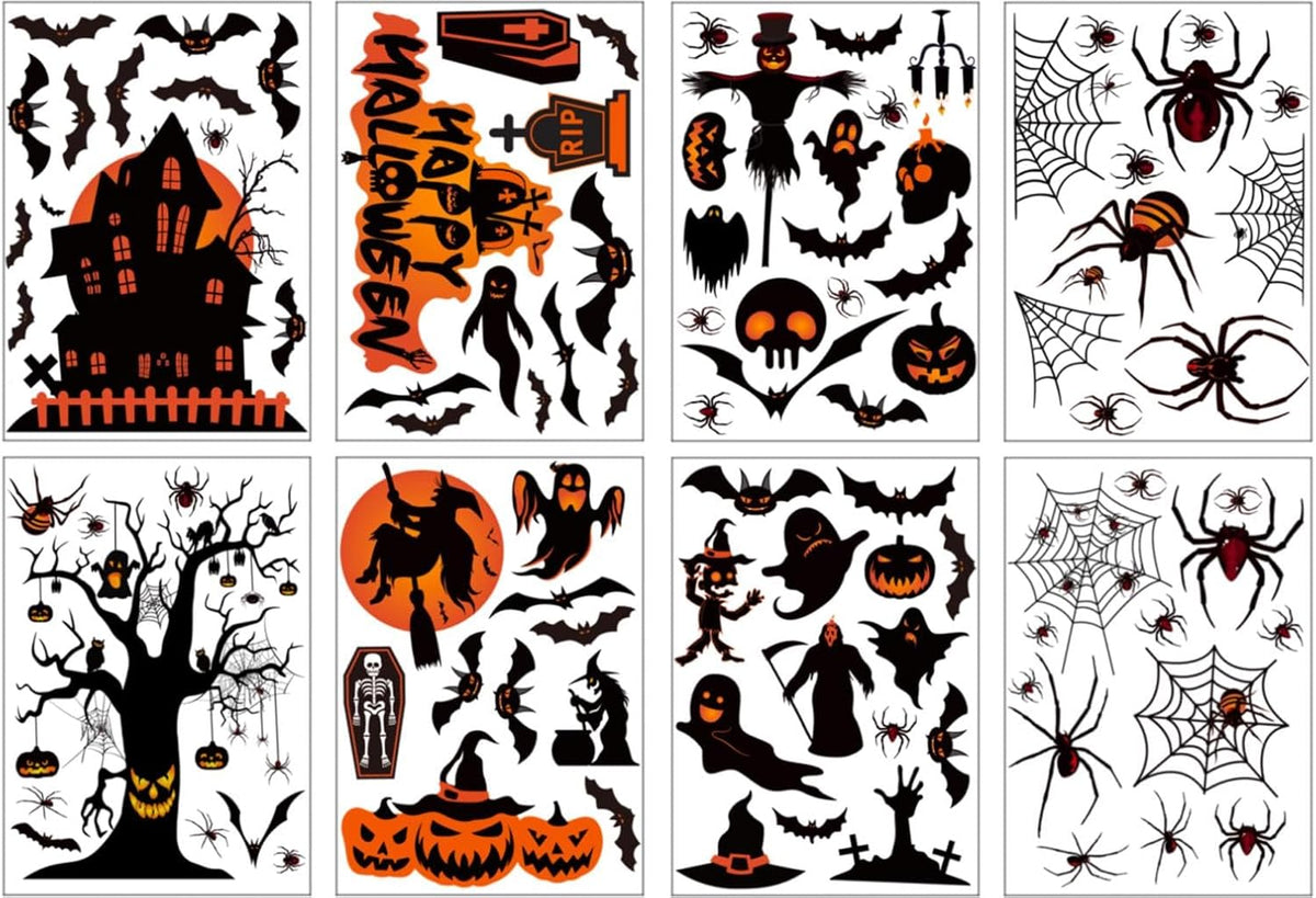 🕷️Halloween Decorations | 8 Sheet Halloween Window Stickers Clings Decals | Double Sided Reuseable Bats Spider Ghost Pumpkin Halloween Party🦇🕷️