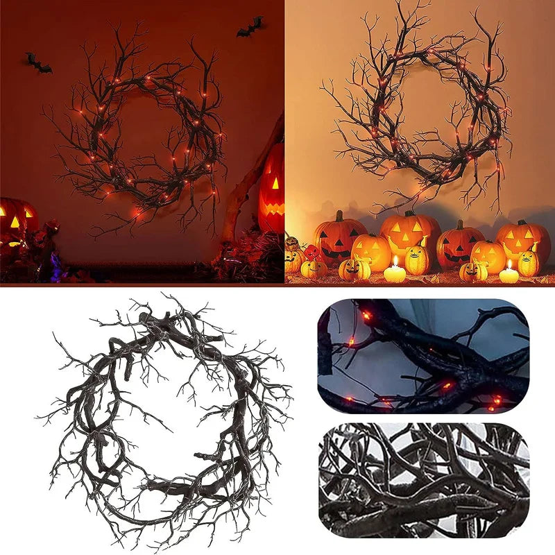 Halloween Wreath Decoration with LED Lights in Purple and Red Glitter - Scary Style for Indoor and Outdoor Home and Party Decor